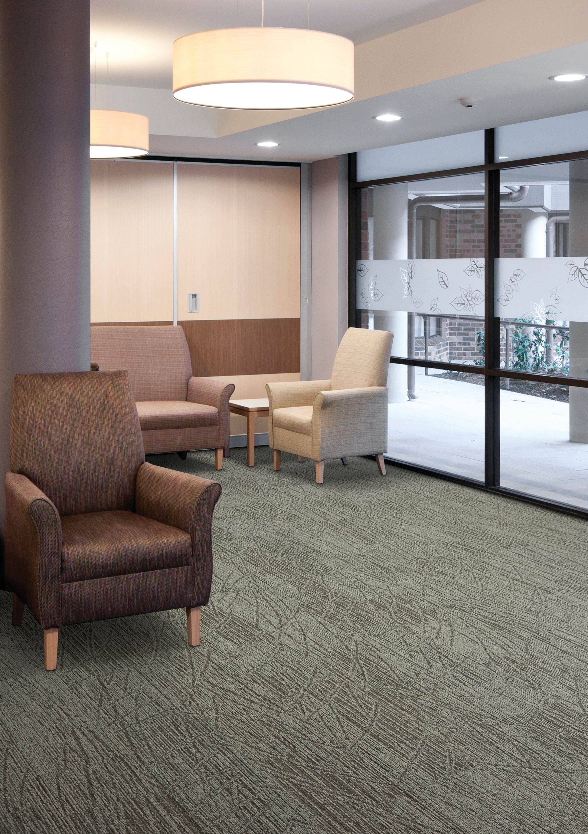 Interface WE152 and WE154 plank carpet tile in lobby area with bench image number 1